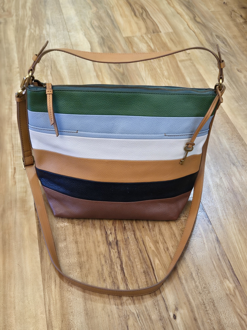 Fossil Julianna Large Hobo Crossbody Bag - Multi-Color Striped Leather Patchwork